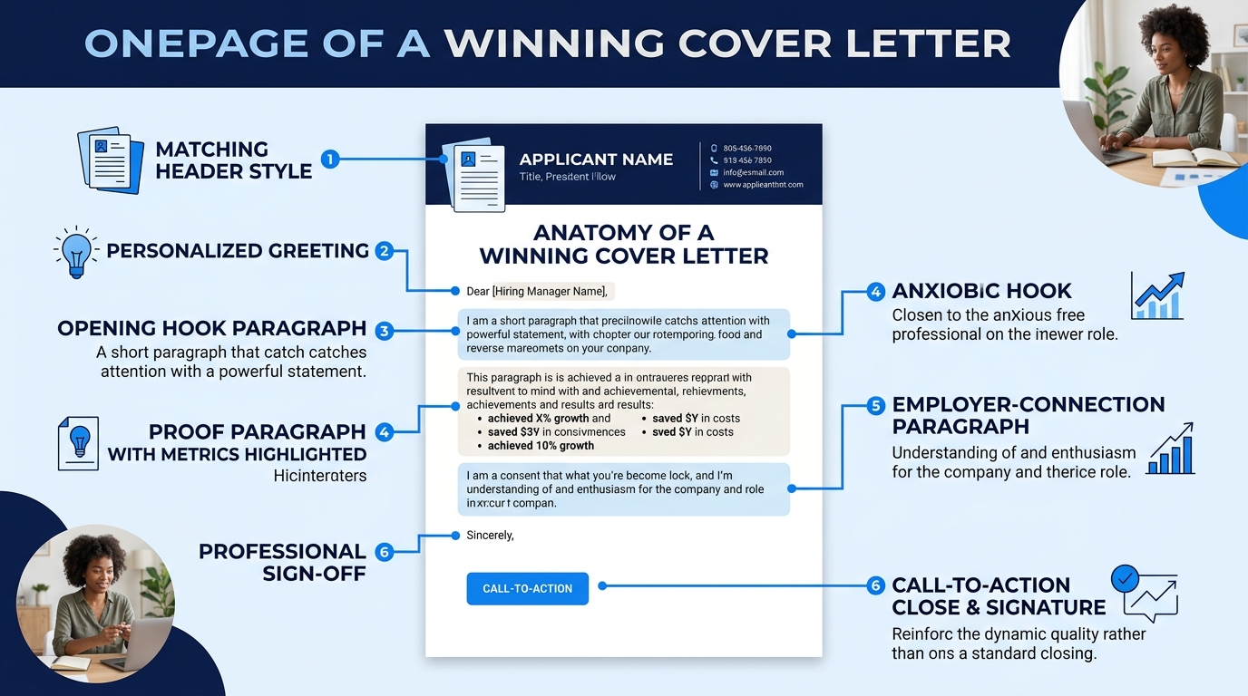 A clean, formatted one-page cover letter mockup with labeled annotations pointing to key sections, header matching resume style, personalized greeting, opening hook paragraph, proof paragraph with met