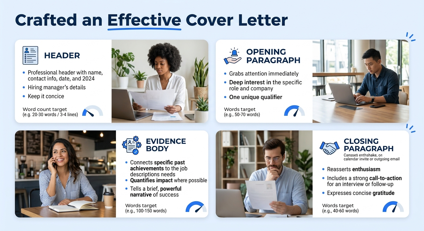 An infographic showing the complete anatomy of an effective cover letter with four labeled sections - header, opening paragraph, evidence body, and closing paragraph - with word count targets and key