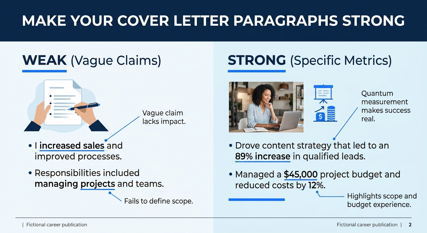 An infographic comparing a weak cover letter body paragraph using vague claims like increased sales and improved processes on the left versus a strong version on the right with specific metrics like 8