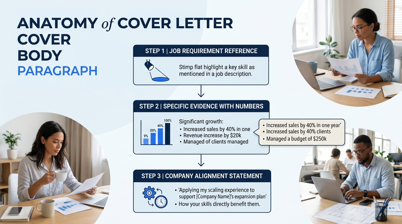 An infographic showing the anatomy of a cover letter body paragraph with three labeled components arranged vertically: job requirement reference at top, specific evidence with numbers in middle, and c