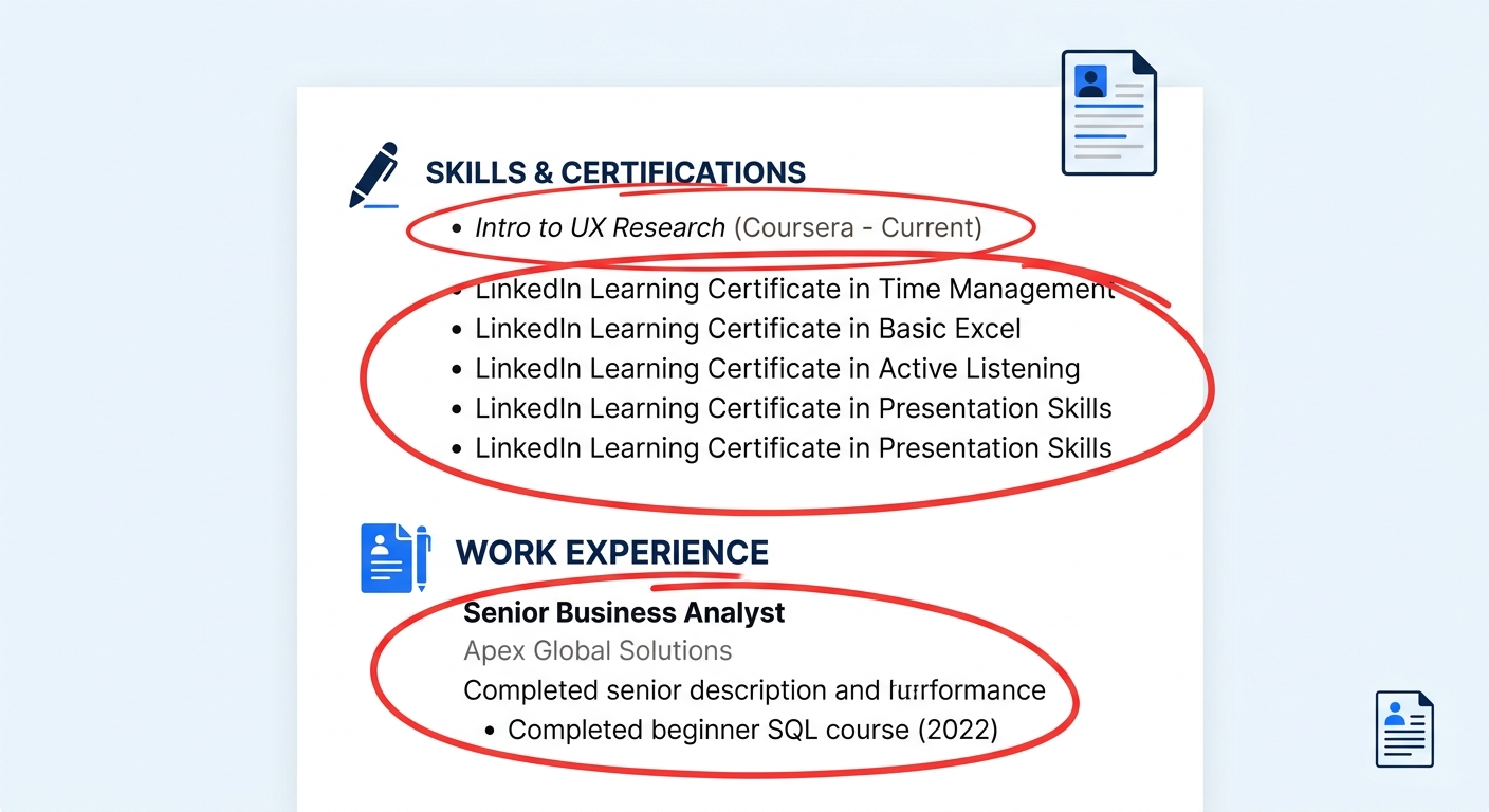 a resume excerpt with three sections circled in red showing common bad placements — an unfinished course in a skills section, a long stack of LinkedIn Learning certificates, and a beginner SQL course