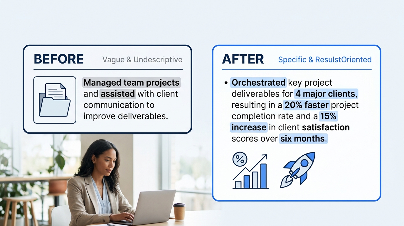 A before-and-after comparison of two resume bullet points — the "before" showing a vague, generic statement like "Managed team projects" and the "after" showing a specific, quantified achievement with