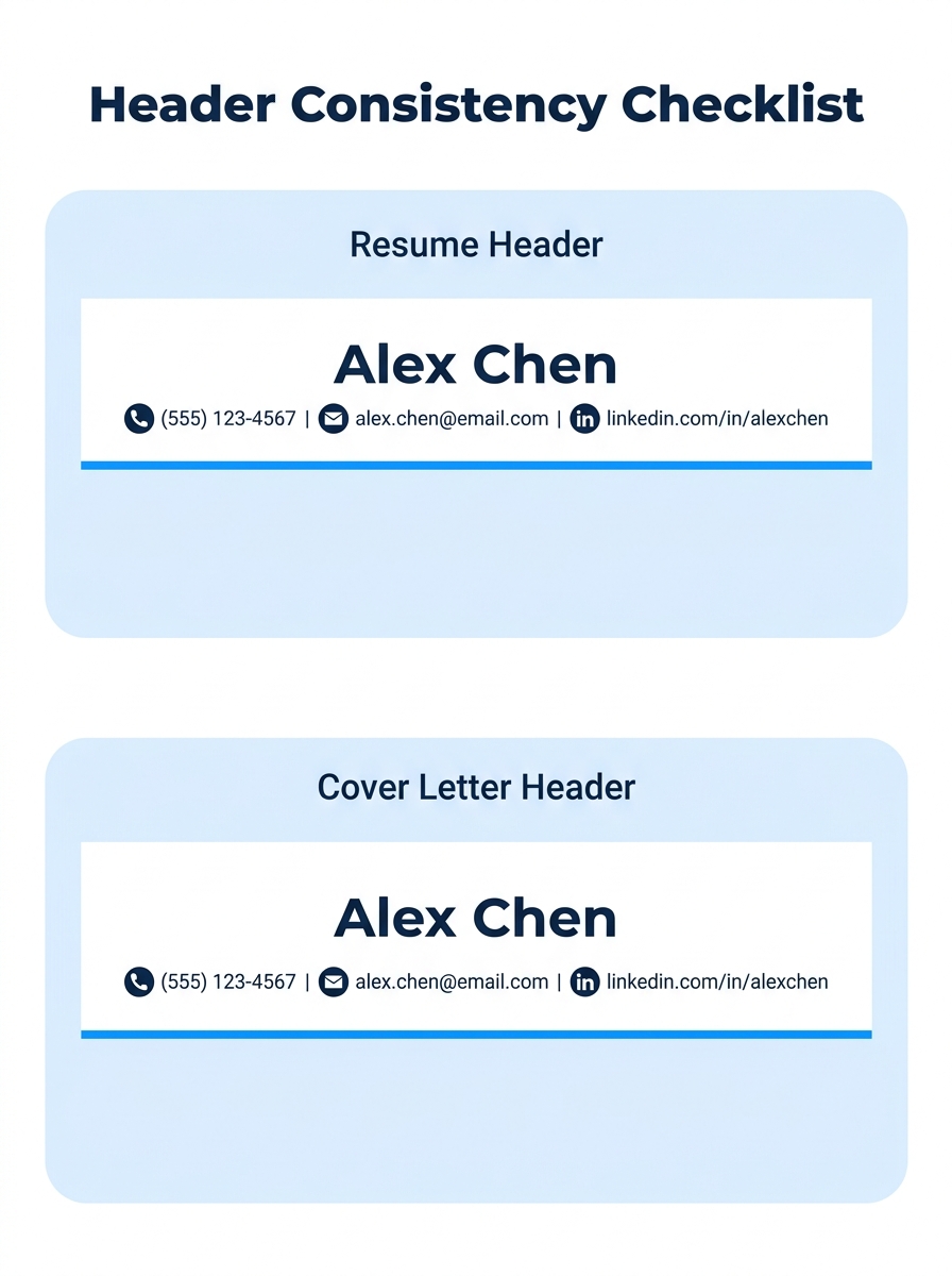 A side-by-side comparison of a resume header and cover letter header with matching fonts, layout, and contact information, showing visual consistency