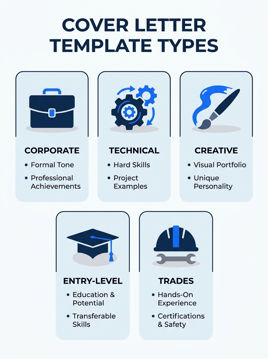 comparison infographic showing five cover letter template types arranged horizontally, each with an icon representing the industry (briefcase for corporate, gear for technical, paintbrush for creative
