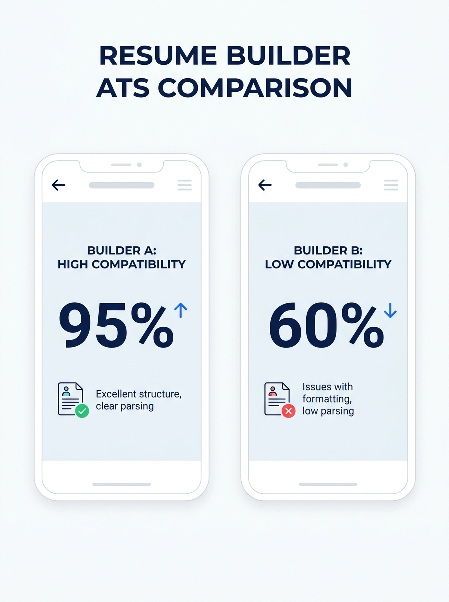side-by-side comparison of resume builder interfaces showing ATS compatibility scores and parsing feedback