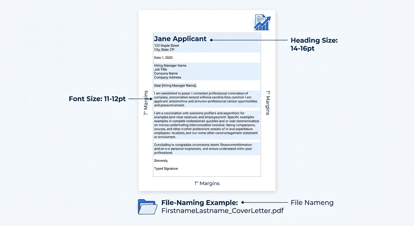 a clean, formatted cover letter on a white page showing proper margin guides, font size annotation, and a file-naming example at the bottom of the image