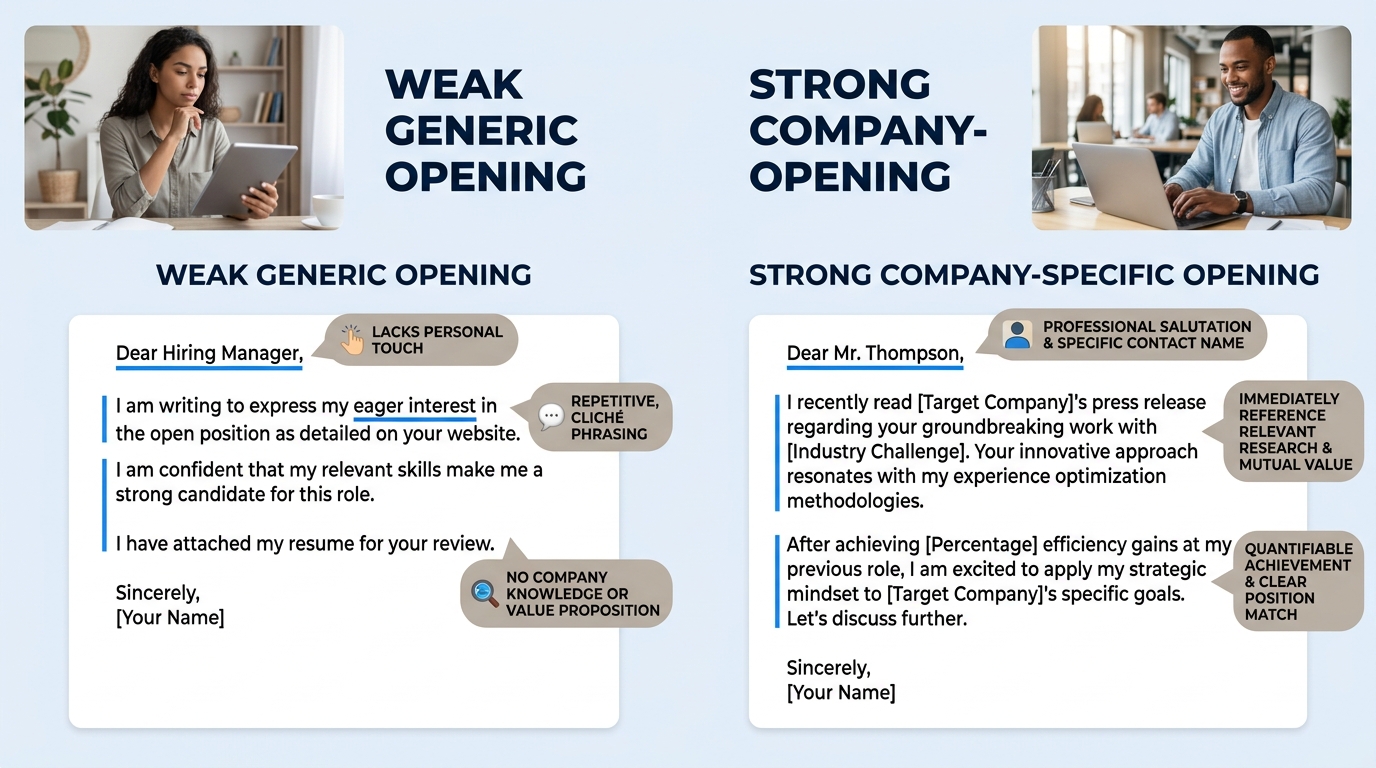 A side-by-side comparison of a weak generic cover letter opening paragraph versus a strong company-specific opening paragraph, with annotations highlighting what makes each effective or ineffective
