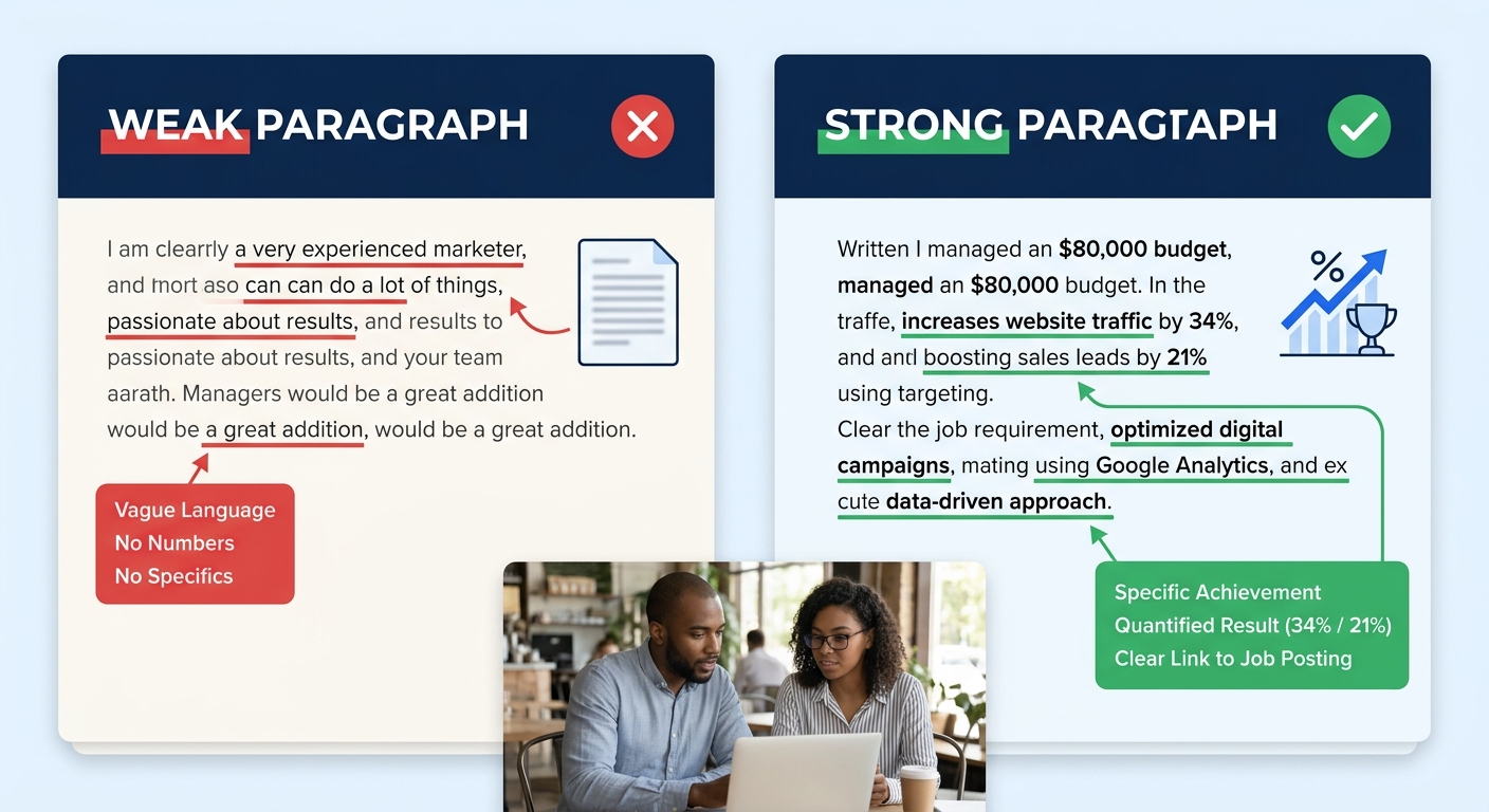 A side-by-side comparison showing a weak cover letter body paragraph on the left (vague language, no numbers, no connection to a job posting) next to a strong body paragraph on the right (specific ach