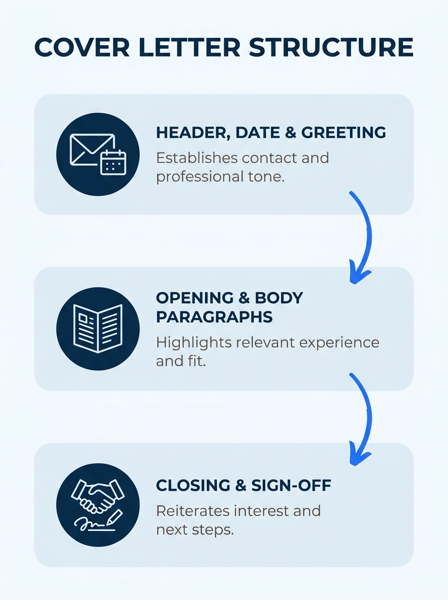 Infographic showing the six labeled sections of a cover letter sample, header, date, greeting, opening paragraph, body paragraph, and closing with sign-off, arranged vertically with brief descriptions