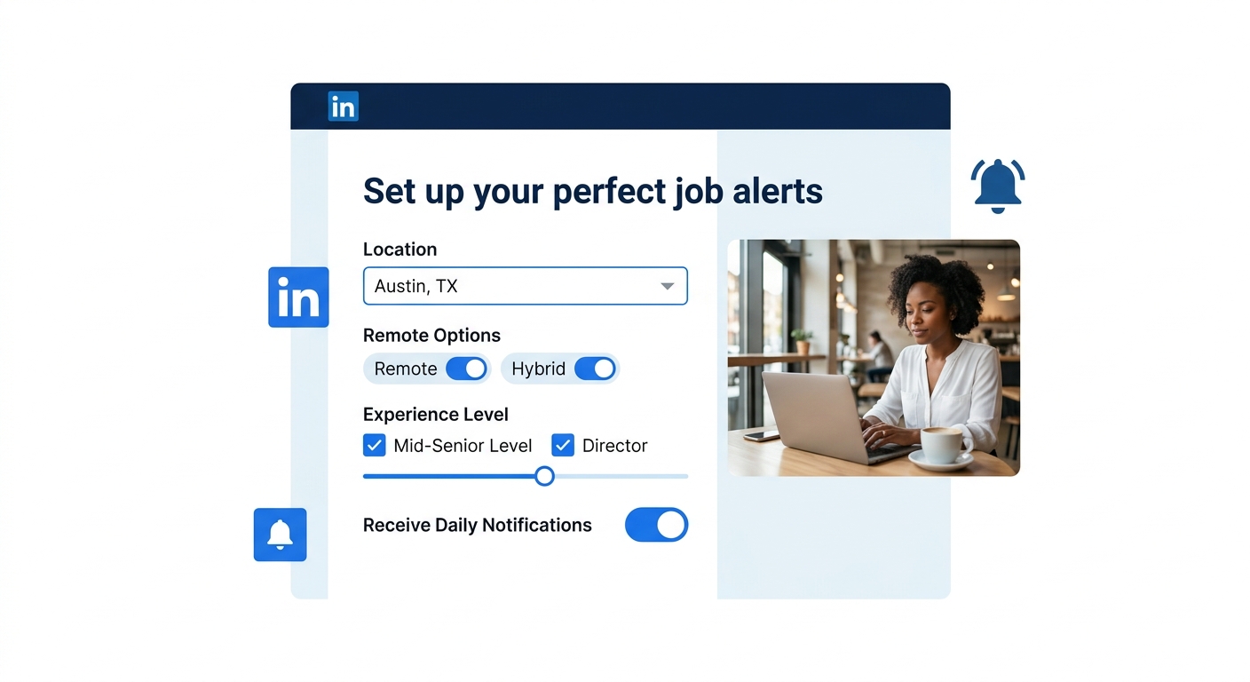 a screenshot-style illustration showing LinkedIn's job alert setup interface with filters for location, remote options, experience level, and daily notification toggle highlighted