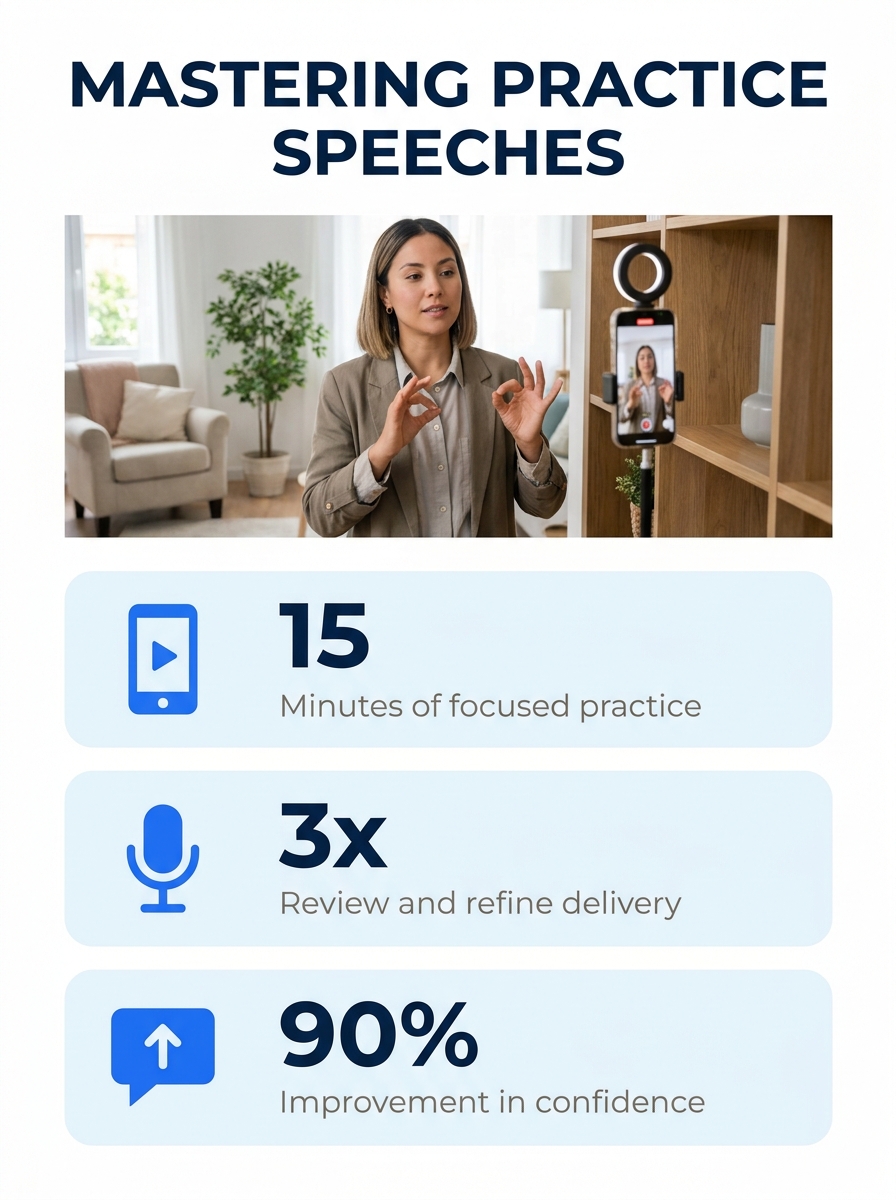 A person standing in a living room recording themselves on a smartphone propped on a bookshelf, delivering a practice speech with visible hand gestures and neutral expression