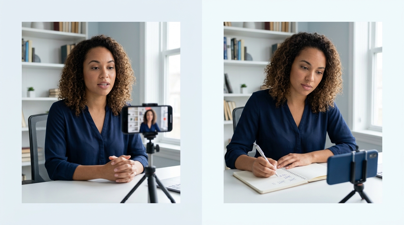 Split-screen illustration showing a person recording themselves on a smartphone on the left side, and the same person reviewing the recording with a notepad and tally marks on the right side, in a hom