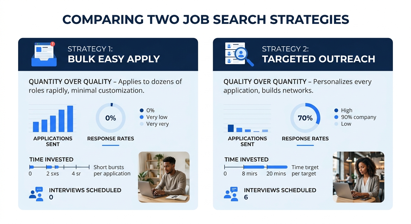 a comparison chart showing two job search approaches side by side, bulk Easy Apply strategy versus targeted outreach strategy, with metrics for applications sent, response rates, and interviews schedu