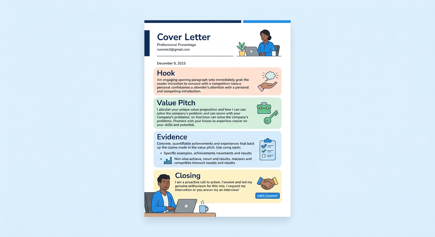 a clean, professional one-page cover letter on white paper with four labeled sections, hook, value pitch, evidence, and closing, each highlighted in a different pastel color to show the structure