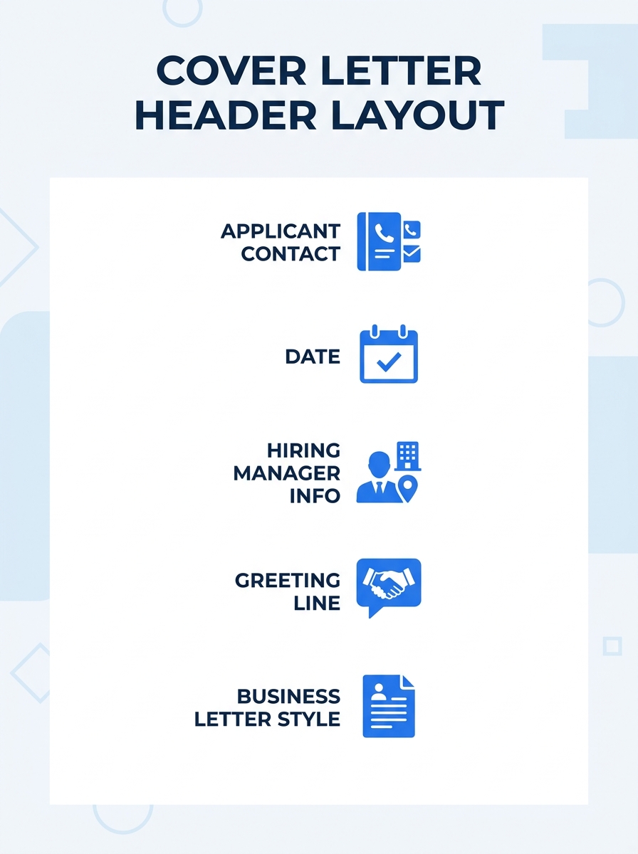A clean cover letter header layout showing the applicant's contact info on top, followed by date, then the hiring manager's name and company address, then the greeting line, formatted in a standard bu