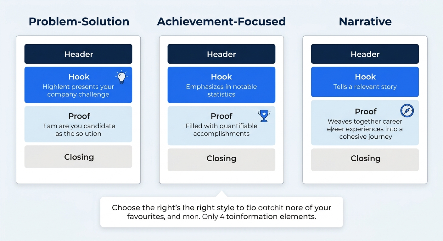 An infographic displaying three distinct cover letter template layouts side by side, labeled Problem-Solution, Achievement-Focused, and Narrative, each showing their unique section structure with colo