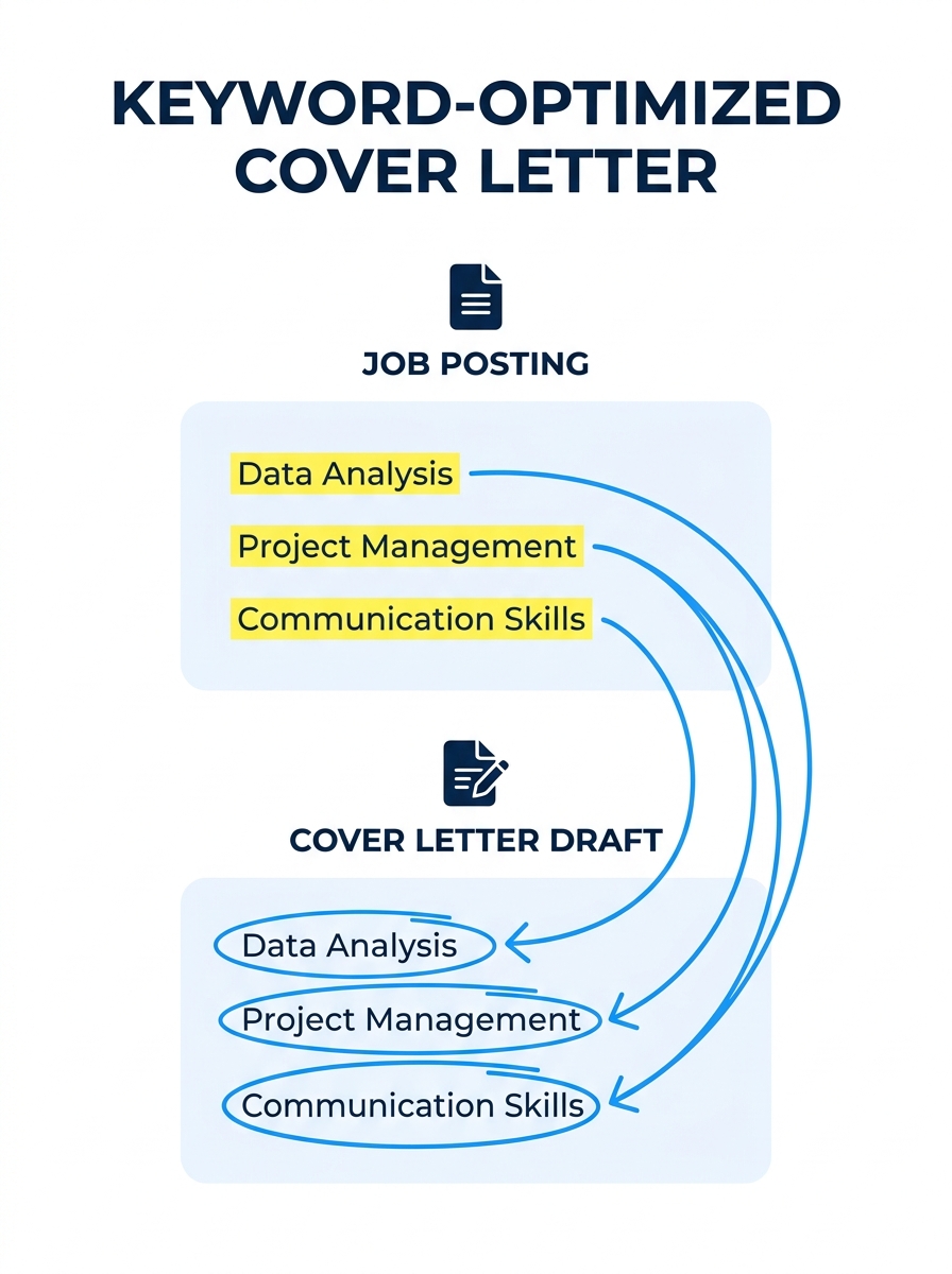 an infographic showing a job posting on the left with highlighted keywords in yellow flowing via arrows into a cover letter draft on the right, with matching terms circled in both documents to show th