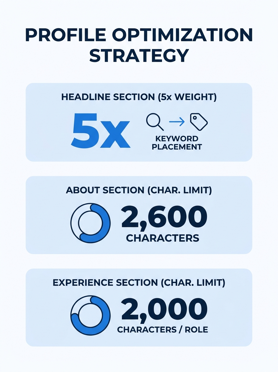 infographic showing the three key profile sections (headline, about section, experience) with character limits, keyword placement strategy, and the 5x headline weight multiplier