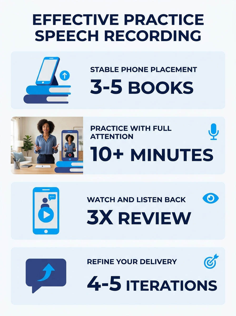 A person standing in front of a smartphone propped on a stack of books, recording themselves giving a practice speech in a home office, with the phone screen showing the speaker from the waist up