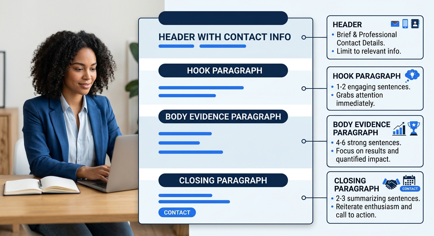 a professional cover letter layout diagram showing four labeled sections stacked vertically—header with contact info, hook paragraph, body evidence paragraph, and closing paragraph—with annotations on