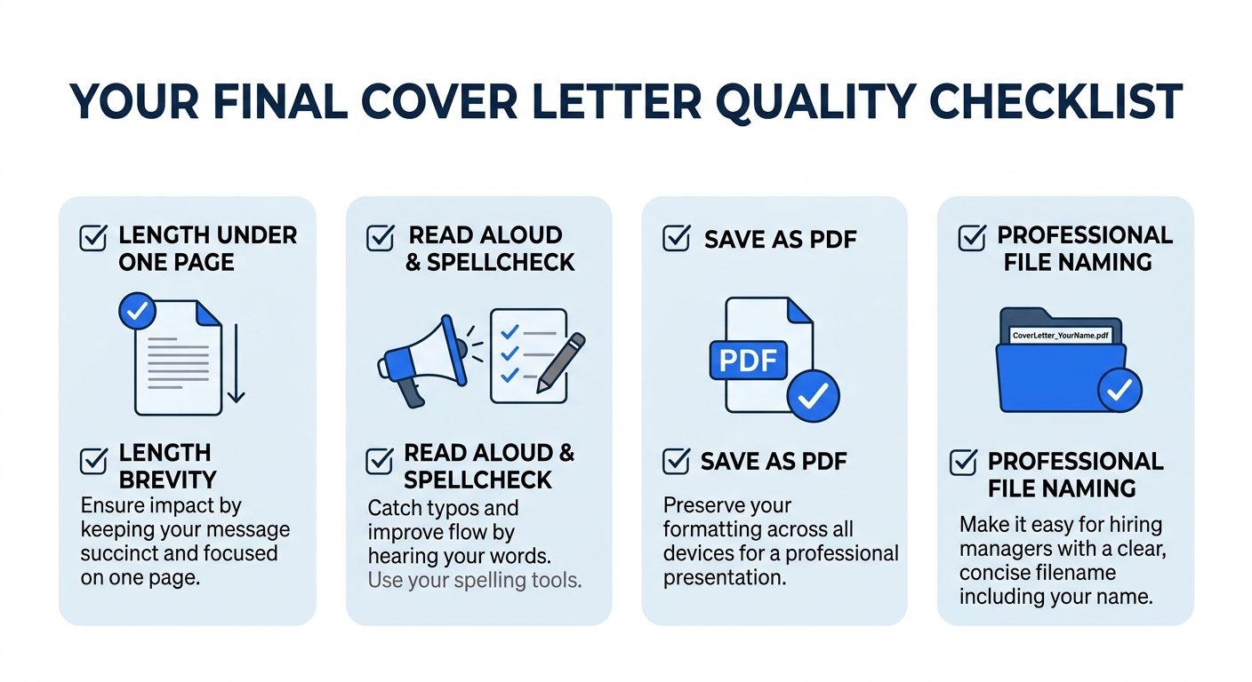 A checklist graphic showing the five final quality checks for a cover letter, length under one page, read aloud, spellcheck, save as PDF, and professional file naming, with checkmark icons next to eac