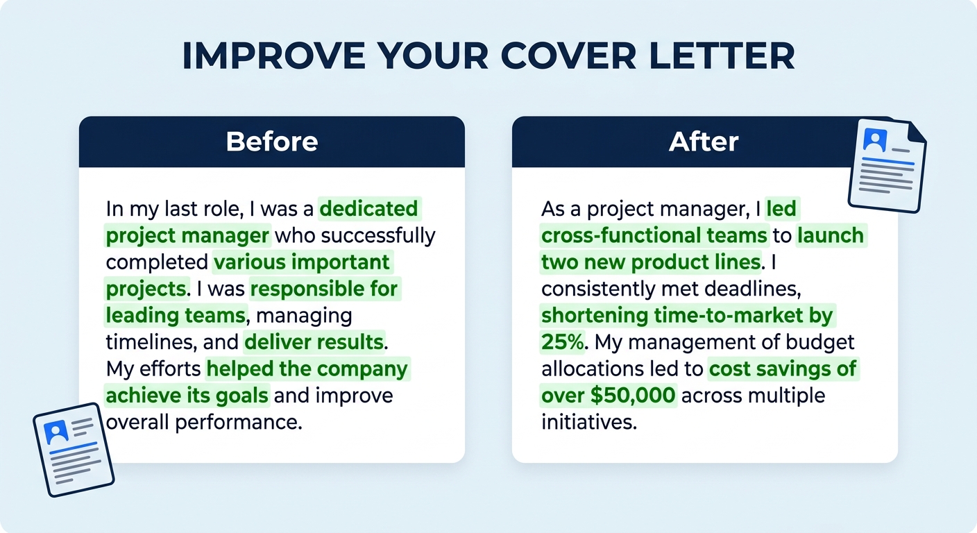 A before-and-after comparison showing a vague cover letter body paragraph on the left labeled 'Before' alongside a specific, numbers-driven version on the right labeled 'After', with key improvements