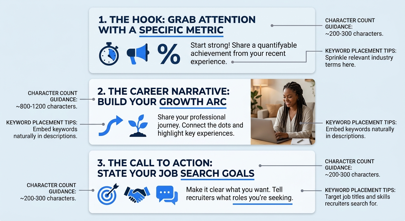 An infographic showing the three-paragraph structure of an effective LinkedIn About section, Hook with a specific metric at top, Career Narrative with growth arc in middle, and Call to Action stating