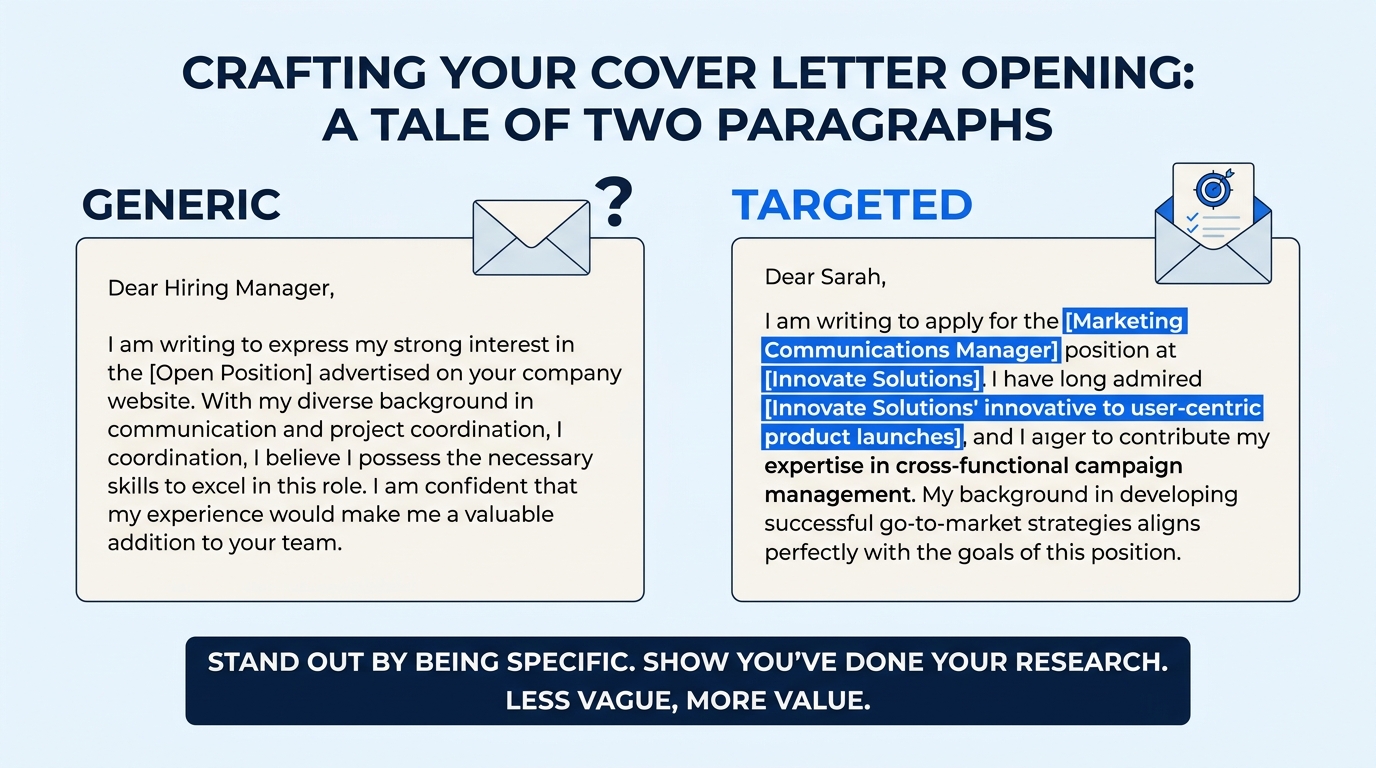 A side-by-side comparison showing a vague cover letter opening paragraph on the left labeled "Generic" versus a specific opening paragraph on the right labeled "Targeted," with the job title, company