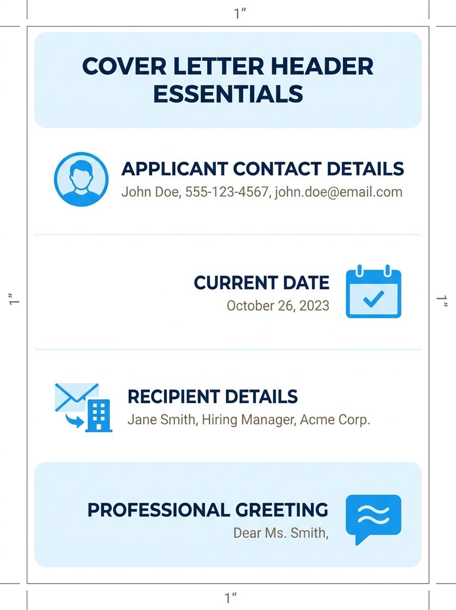 A clean, properly formatted cover letter header showing the applicant's name, phone number, email, date, recipient details, and greeting line on a white document background with 1-inch margins