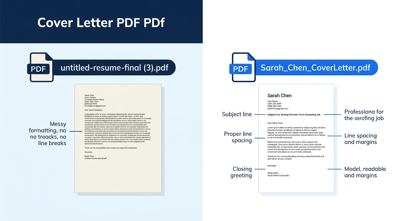 A side-by-side comparison showing a poorly formatted cover letter PDF with a generic filename on the left, and a properly formatted cover letter PDF with a professional FirstName_LastName_CoverLetter.