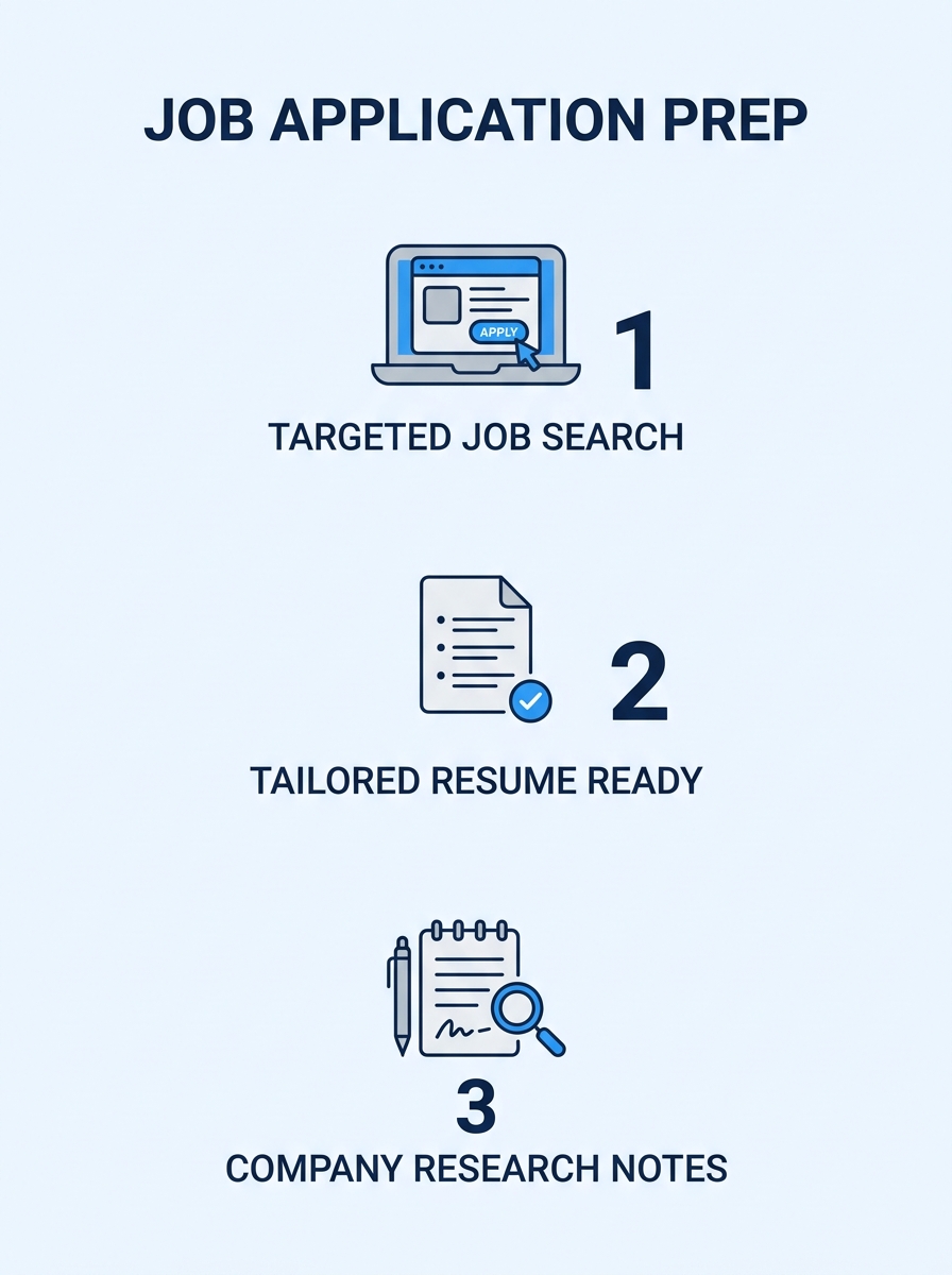 A clean desk workspace showing a laptop with a job posting open, a printed resume beside it, and a notepad with handwritten company research notes