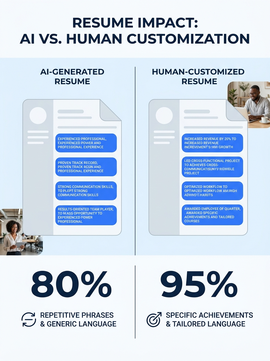 Split-screen comparison showing a generic AI-generated resume on the left with highlighted repetitive phrases and a human-customized resume on the right with specific achievements and tailored languag