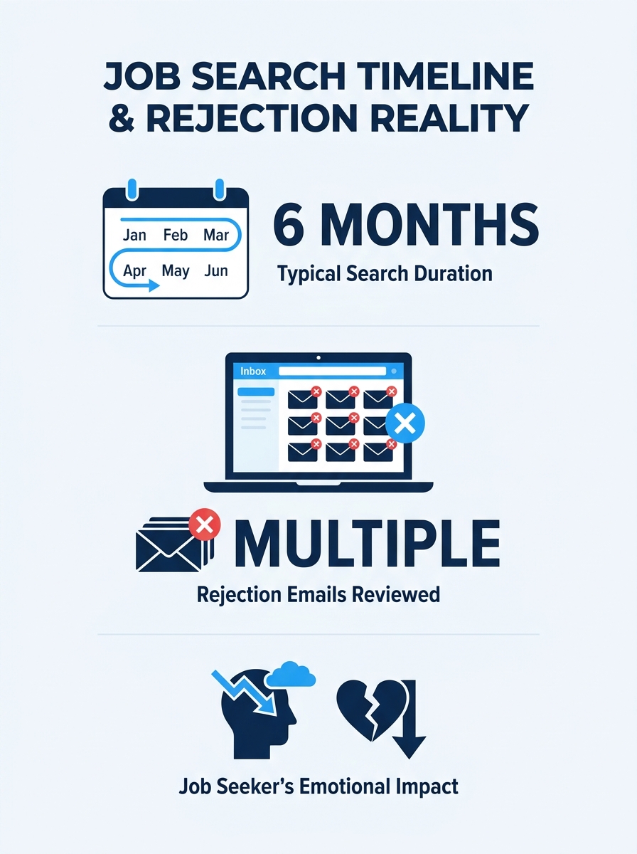 Job seeker reviewing multiple rejection emails on laptop screen with calendar showing months of search duration