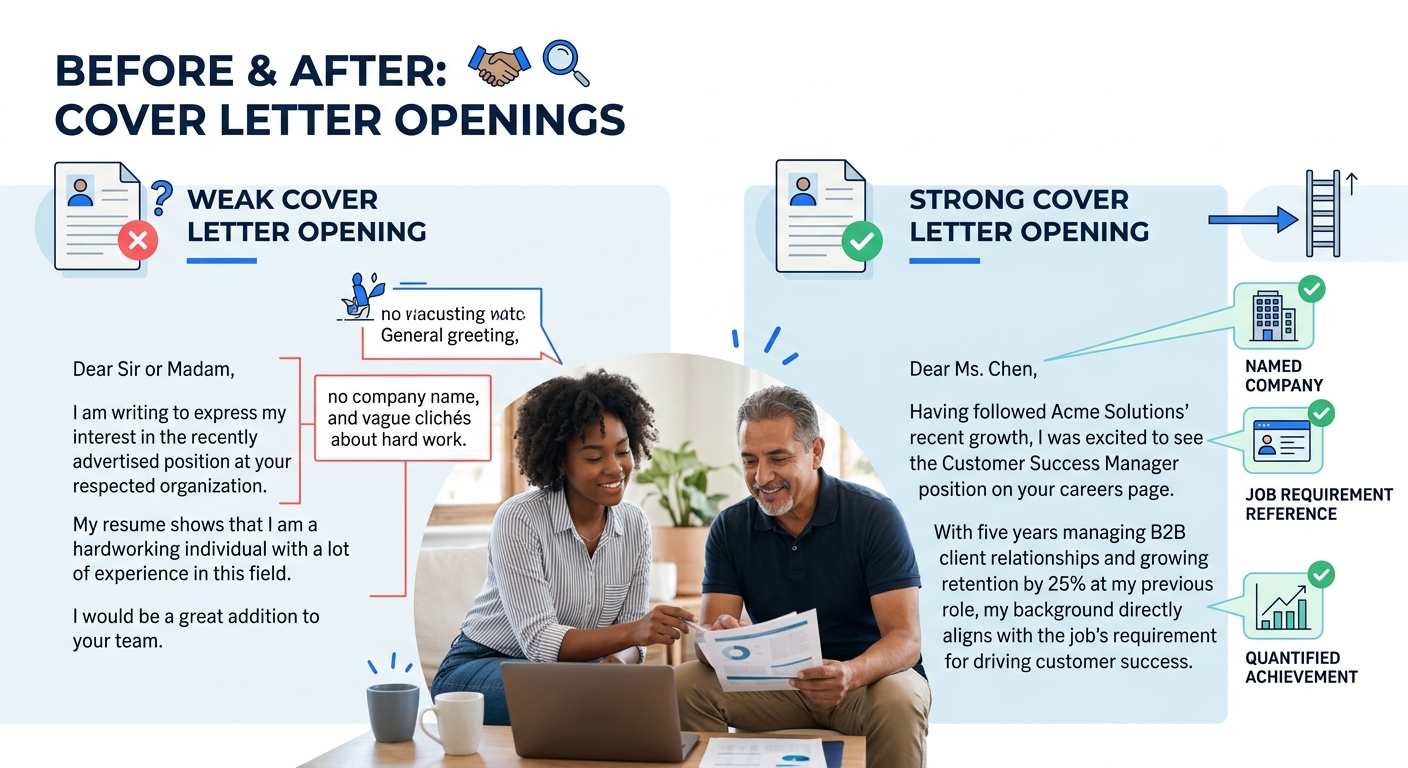 A side-by-side comparison of a weak cover letter opening paragraph versus a strong one, with annotations pointing out the specific improvements: named company, job requirement reference, and quantifie