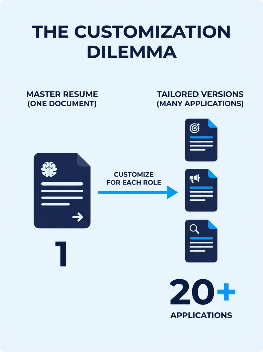 Split-screen showing one master resume on left and multiple tailored versions on right, illustrating the customization dilemma job seekers face