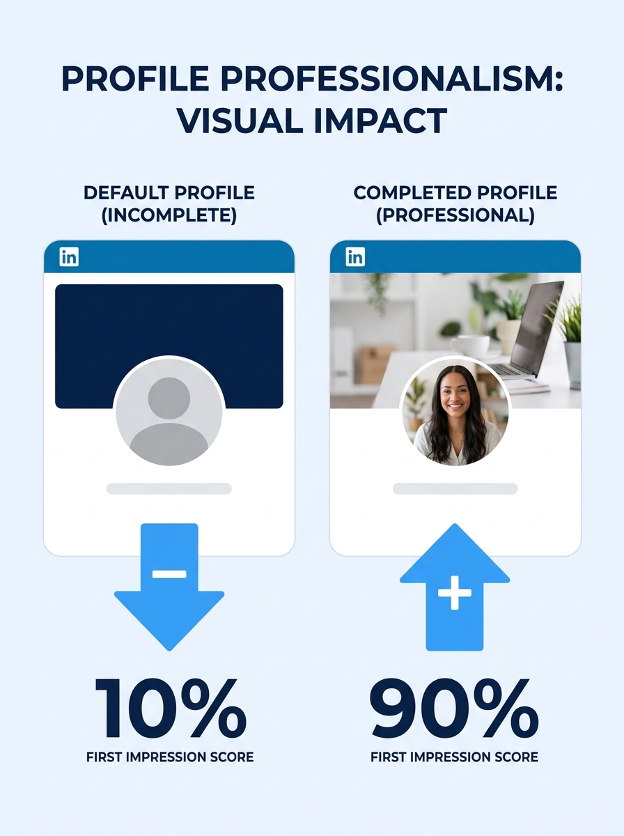 A side-by-side comparison showing a LinkedIn profile with default blue banner and no photo vs. a completed profile with professional headshot and custom banner image, highlighting the visual differenc