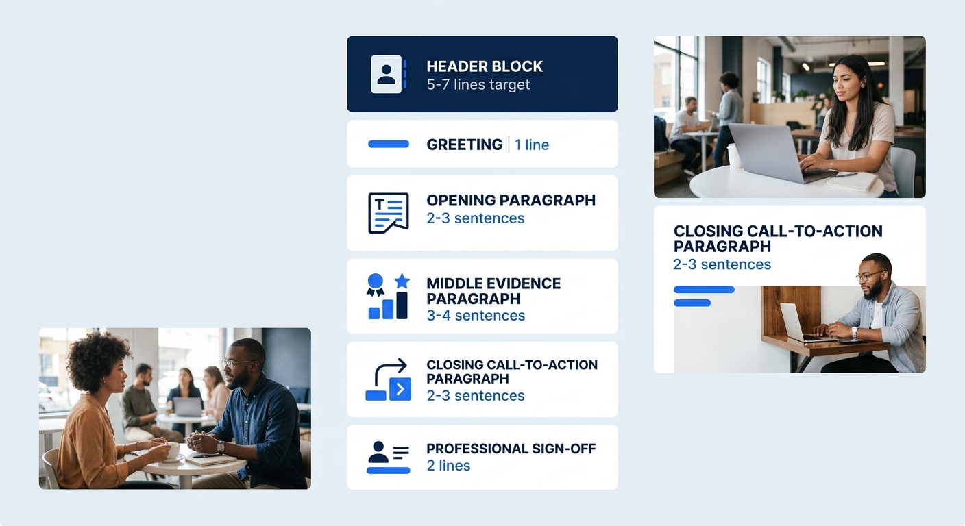 An infographic showing the six sections of a properly formatted cover letter arranged vertically, header block at top, then greeting, opening paragraph, middle evidence paragraph, closing call-to-acti
