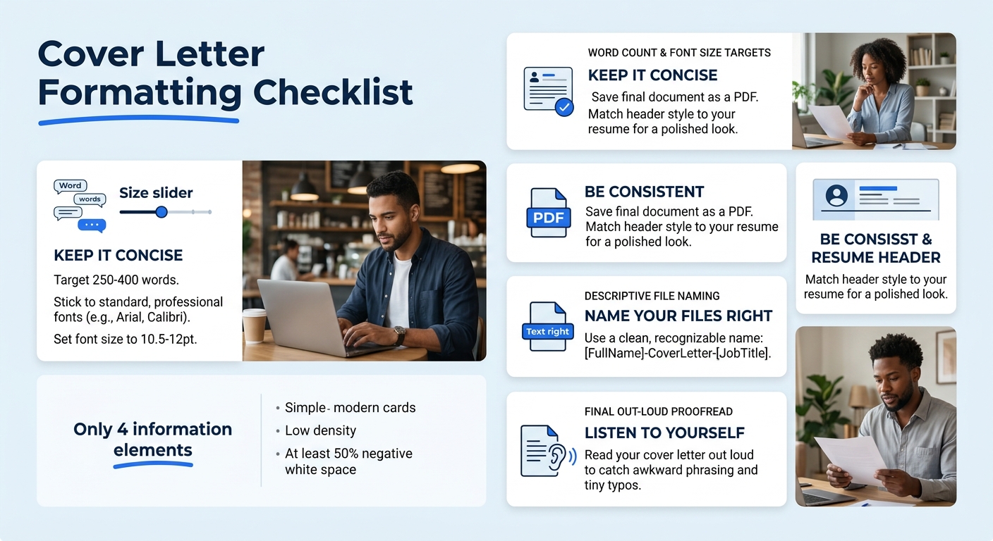 An infographic showing a cover letter formatting checklist with six items, word count target of 250-400 words, font size range of 10.5-12pt, file format as PDF, matching resume header style, descripti