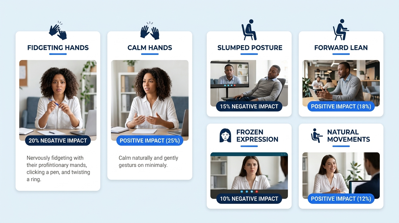 An infographic showing three side-by-side comparisons of interview body language: fidgeting hands vs. calm hands, slumped posture vs. forward lean, and frozen expression vs. natural facial movement, w