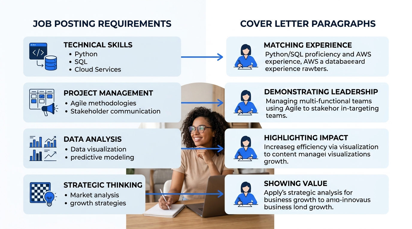 A side-by-side comparison showing a job posting's key requirements on the left connected by arrows to corresponding cover letter paragraphs on the right, demonstrating the mapping process