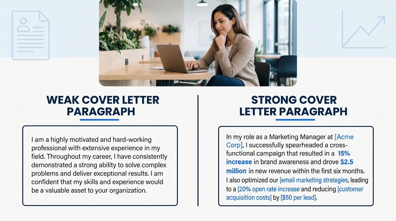 Side-by-side comparison of a weak cover letter body paragraph using generic language versus a strong body paragraph with quantified achievements, specific company names, and dollar figures highlighted