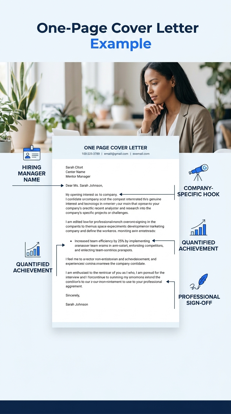 A clean, formatted one-page cover letter example with annotations pointing to key elements: hiring manager name, company-specific hook, quantified achievement, and professional sign-off
