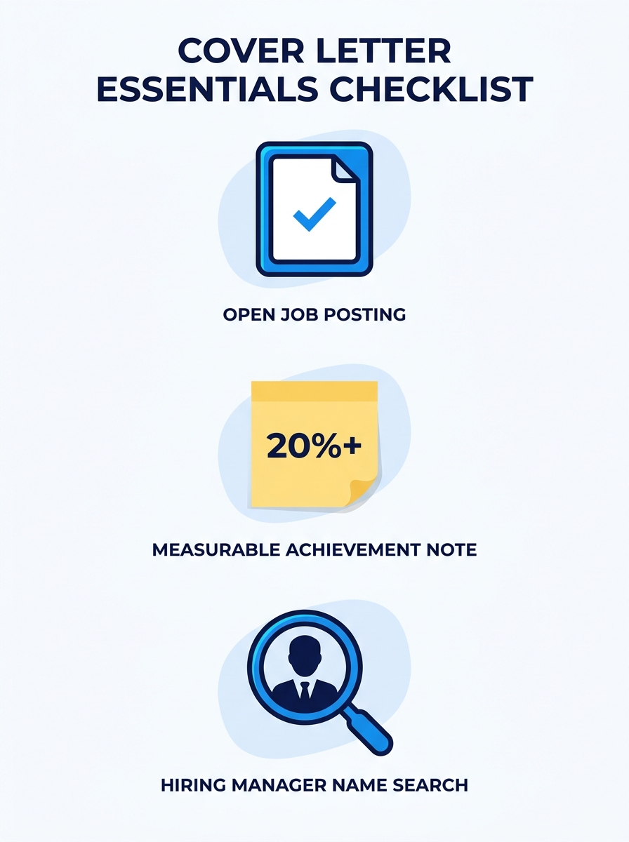 A checklist-style illustration showing three items needed before writing a cover letter: an open job posting, a measurable achievement written on a sticky note, and a LinkedIn search for the hiring ma