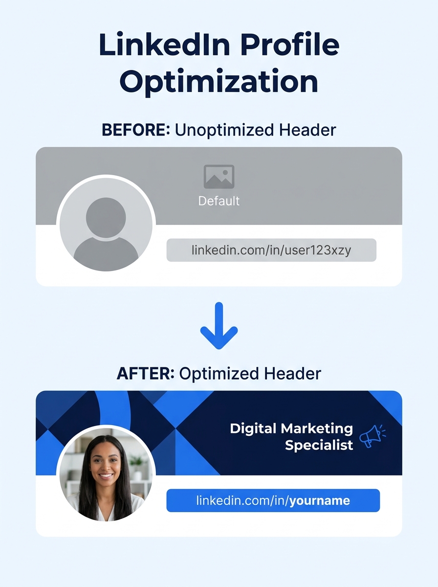 A side-by-side comparison of two LinkedIn profile headers, one with a default gray silhouette, random URL string, and no banner image versus one with a professional headshot, clean custom URL, and bra