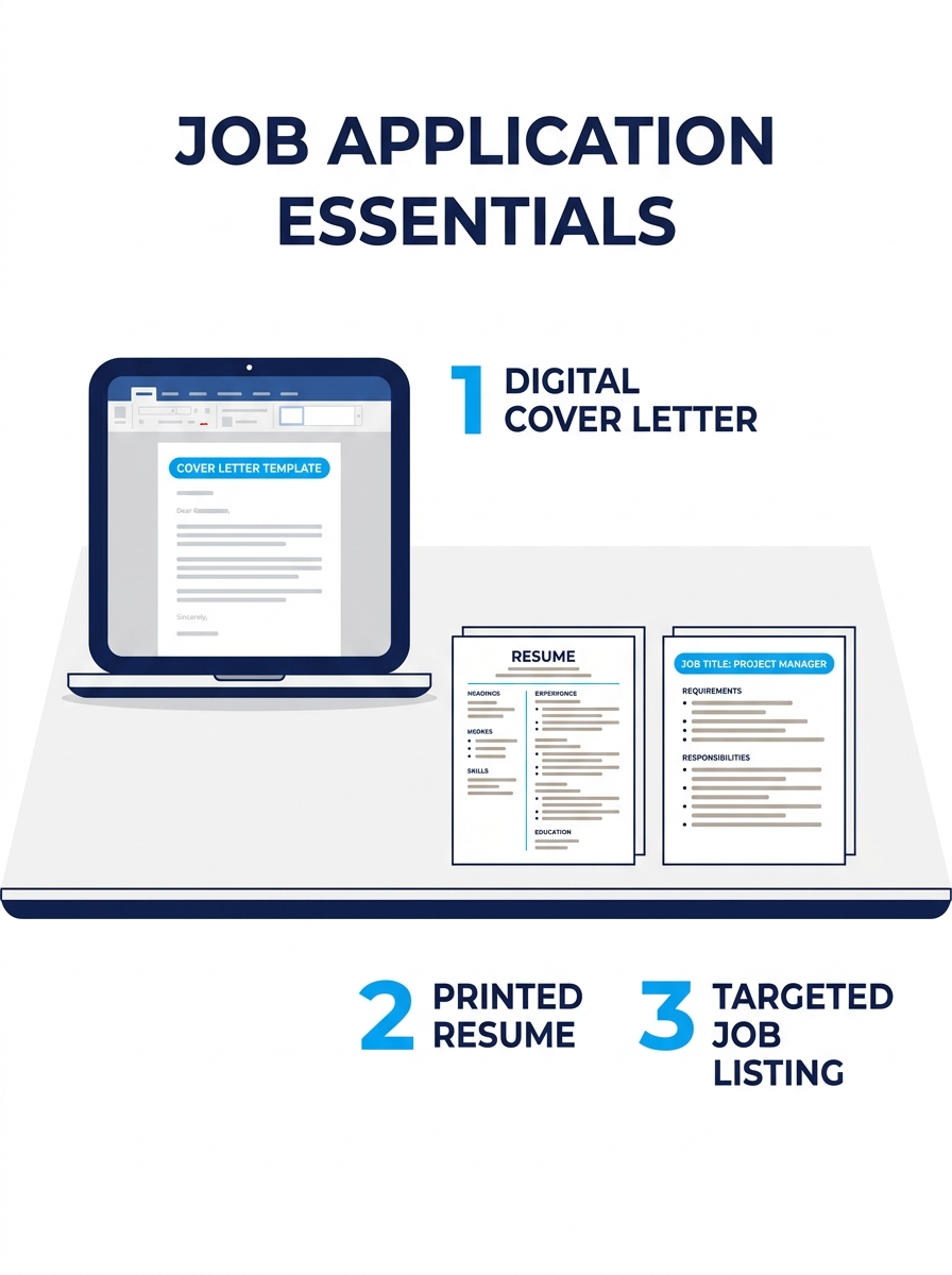 A clean desk workspace showing a laptop with a cover letter template open in a word processor, alongside a printed job listing and a resume document