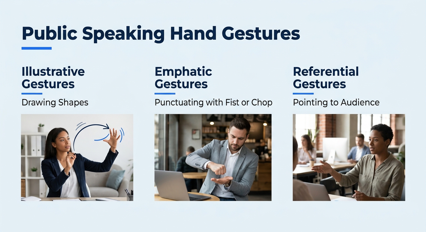 An infographic showing three types of hand gestures for public speaking, illustrative gestures drawing shapes, emphatic gestures punctuating with fist or chop, and referential gestures pointing to aud
