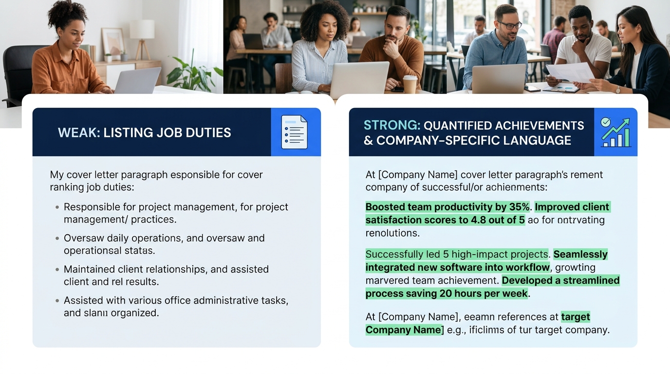 side-by-side comparison of a weak cover letter paragraph listing job duties versus a strong paragraph with quantified achievements and company-specific language highlighted in green