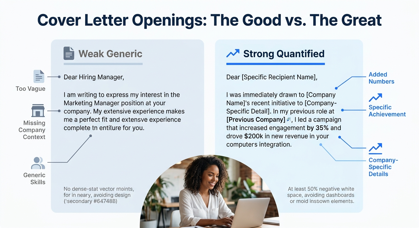side-by-side comparison of a weak generic cover letter opening paragraph versus a strong quantified cover letter opening paragraph, with annotations highlighting specific improvements like adding numb