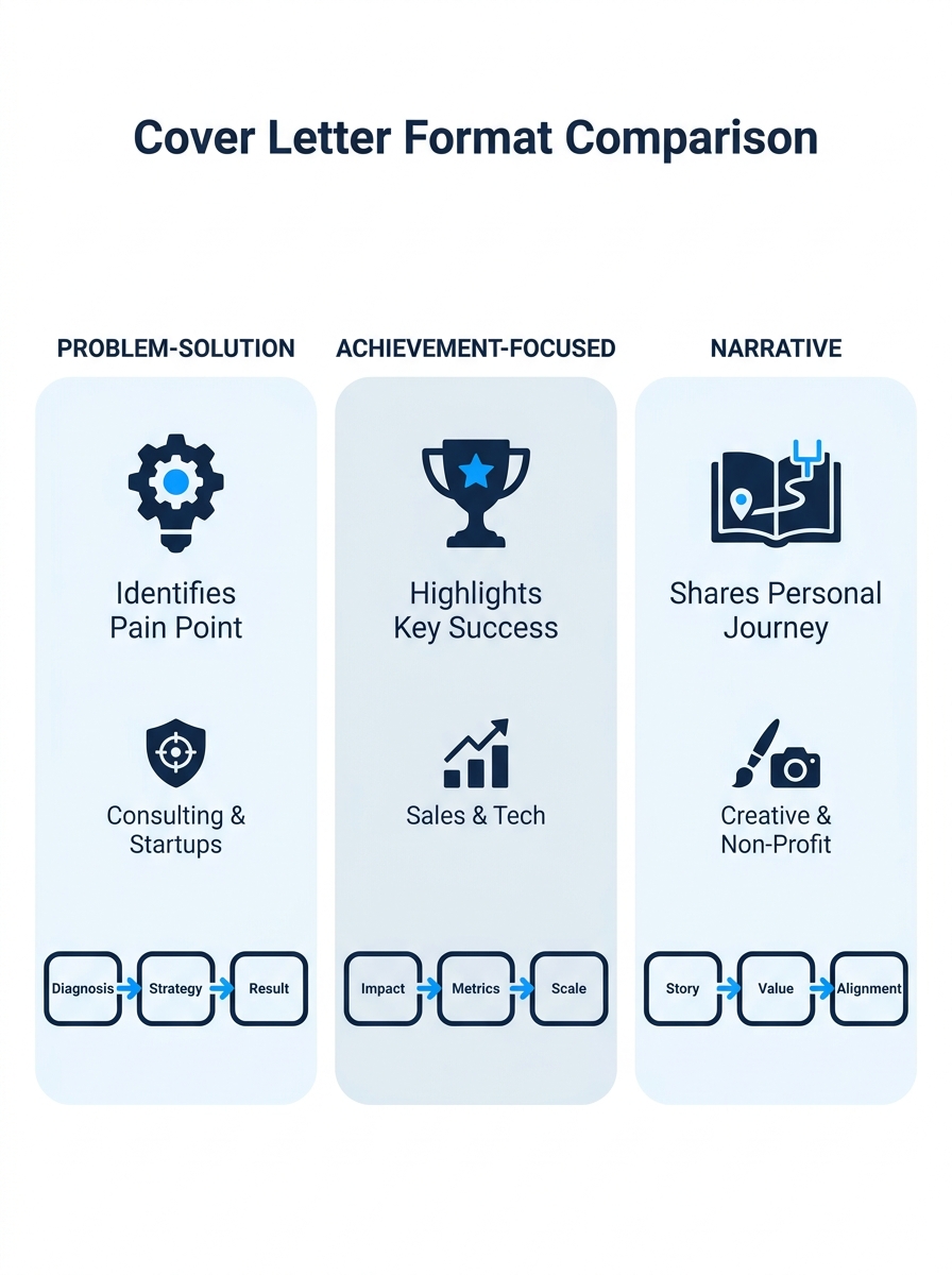 infographic comparing three cover letter formats side by side, problem-solution, achievement-focused, and narrative, with example opening lines, ideal industries, and structural breakdowns for each