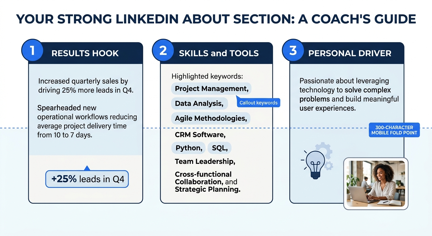 An infographic showing the anatomy of a strong LinkedIn About section divided into three labeled blocks, Block 1 labeled "Results Hook" with two example sentences and a highlighted metric, Block 2 lab